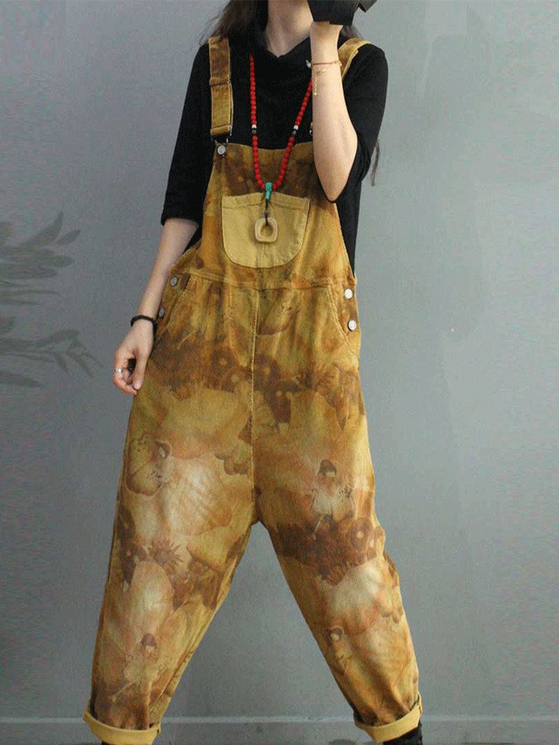 Dungarees cotton, vintage retro style overall,  corduroy, tie-dye print, pockets