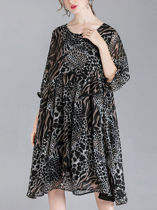 Abby Vintage Animal Print High Ciist Midi Dress
