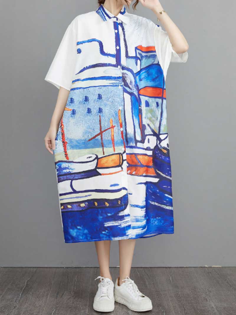  Abstract Art Print Cotton A-Line Shirt Dress