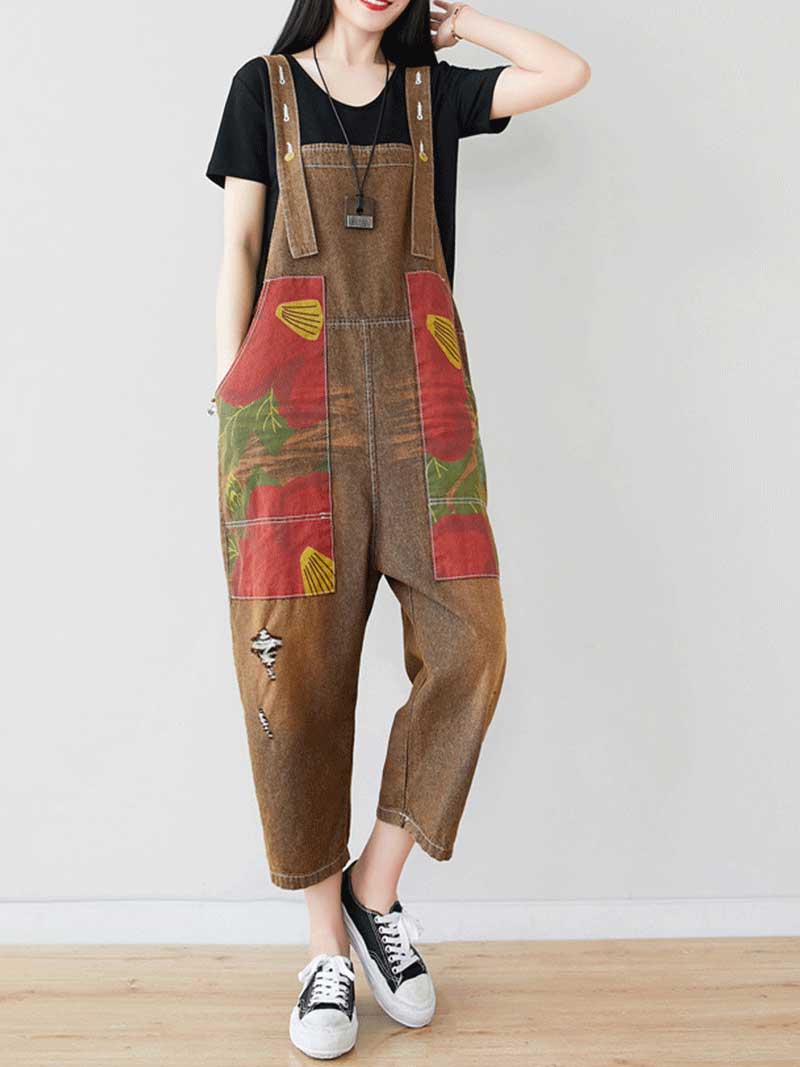 Dungarees cotton denim ripped jeans floral vintage retro style overall