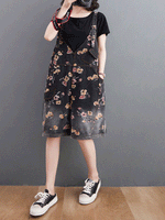 Knee-Length Floral Denim Dungaress - Deep V Bib Design