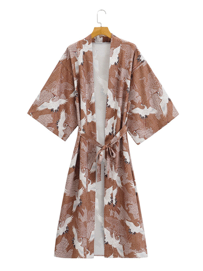 Evatrends cotton gown robe printed kimonos, Outerwear, Polyester, long sleeves, Birds print, Nightwear, long kimono, Board Sleeves, loose fitting, Printed, , belted