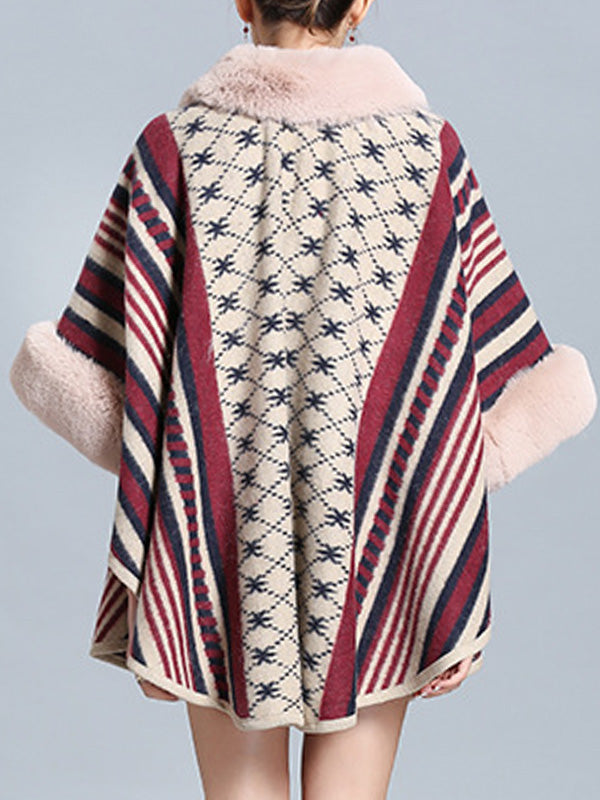 Stripe Bordeus pescoço fofo de plus size Cape Cardigan
