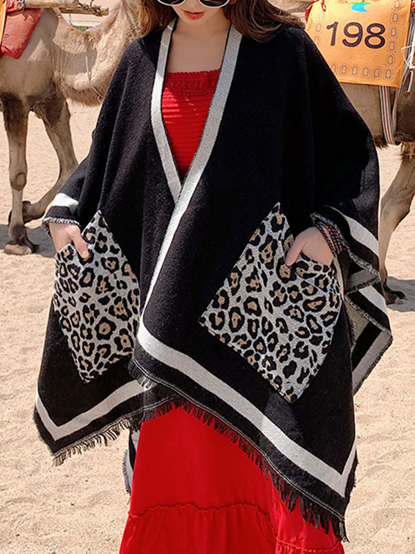 Cardigan de châle patchée de poche léopard