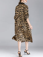 Ivy vintage contraste com lapela pescoço estampa de animal abotoado com cinto midi vestido