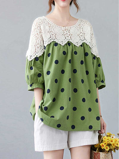 Printed Pola Dot Cotton Shirt Top With Puff Sleeves