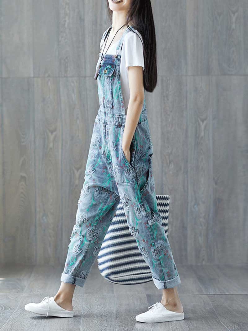 Dungarees cotton denim ripped jeans floral vintage retro style overall