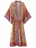 Evatrends cotton gown robe printed kimonos, Outerwear, cotton, Nightwear, plant flowers, long kimono, long Sleeves, floral print, loose fitting, printed, Belted