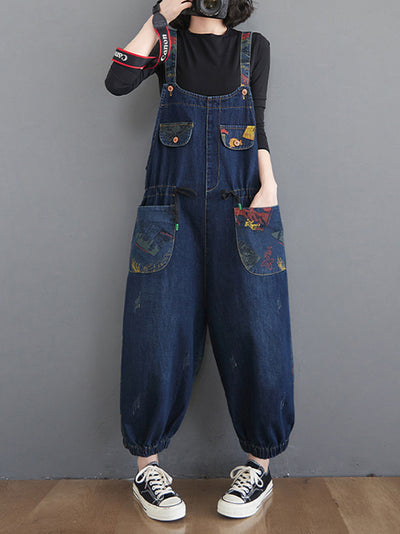 Dungarees cotton denim ripped jeans floral vintage retro style overall