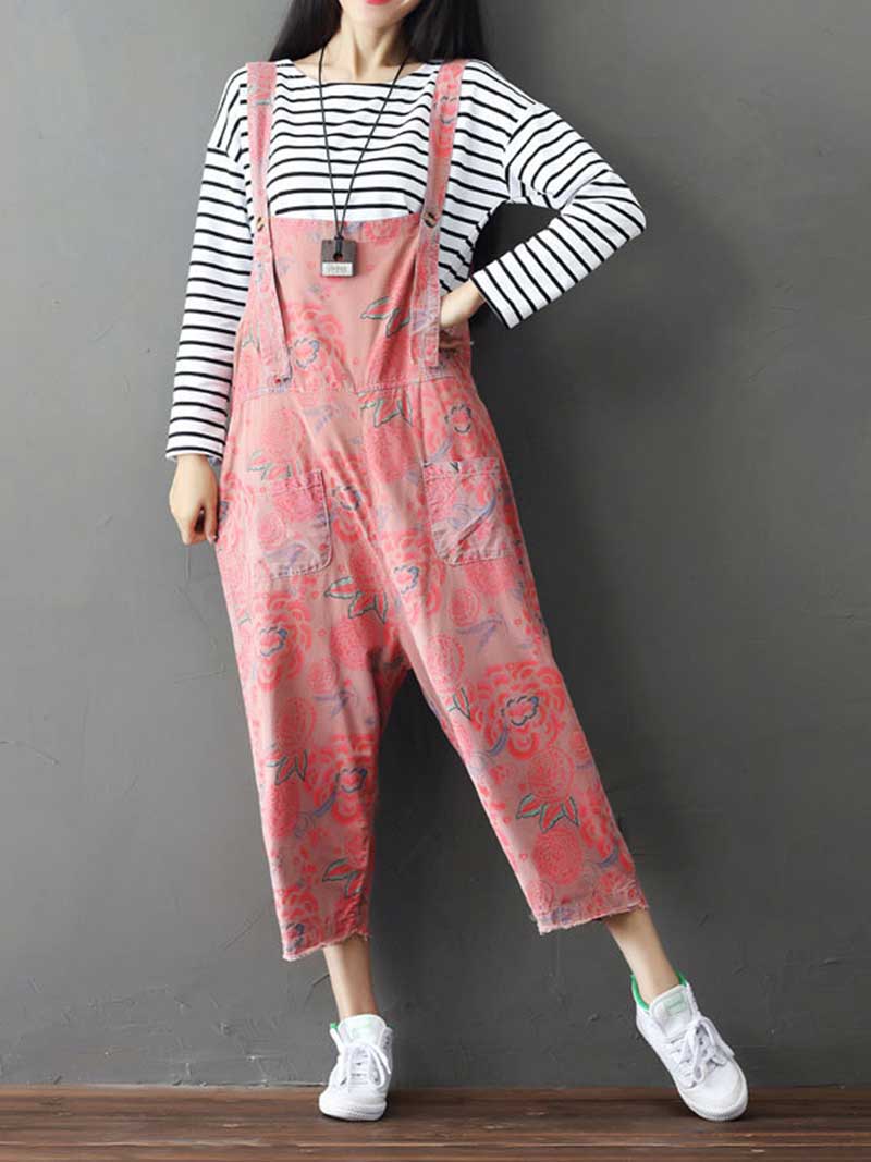 Dungarees cotton denim Printed ,vintage retro style overall, Adjustable straps, double side pockets, comfortable overall, Floral cropped overall