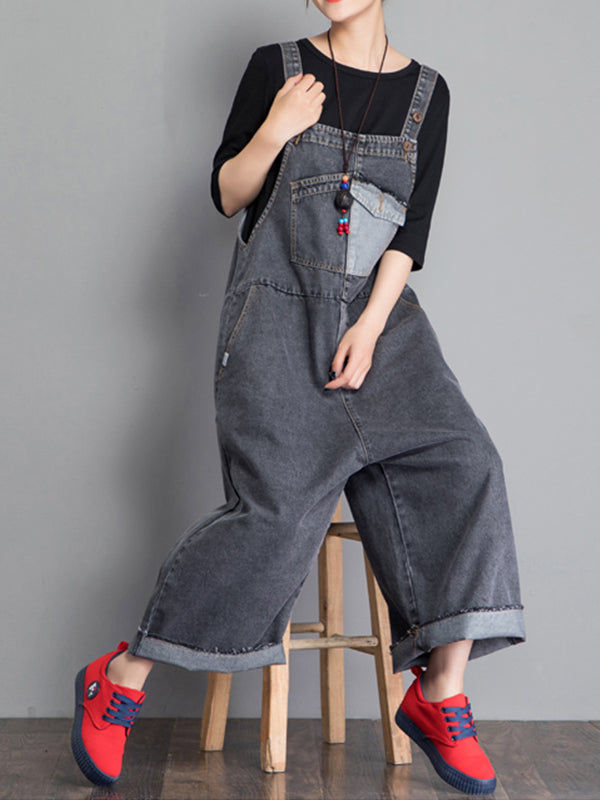 Dungarees cotton denim ripped jeans floral vintage retro style overall