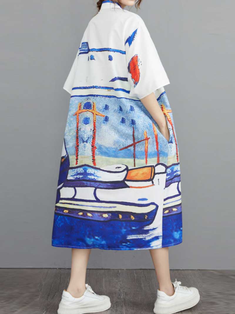  Abstract Art Print Cotton A-Line Shirt Dress