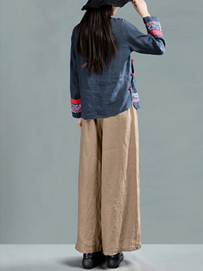 بنطلون Harriett Vintage كاجوال من الكتان بخصر مطاطي وساق واسعة وجيوب