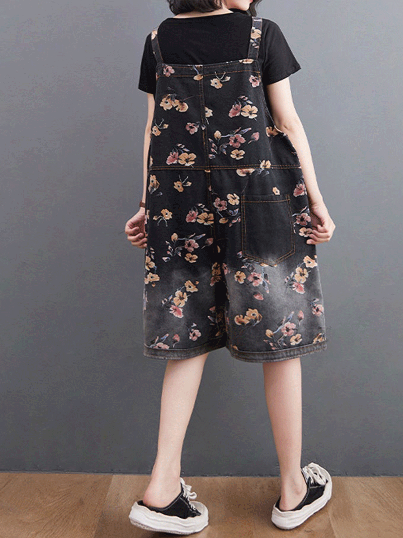 Knee-Length Floral Denim Dungaress - Deep V Bib Design