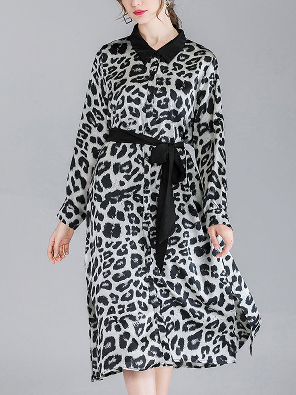 Ivy Vintage Contraste Lapel Neck Animal Impress Botoned Midi Midi Vestido