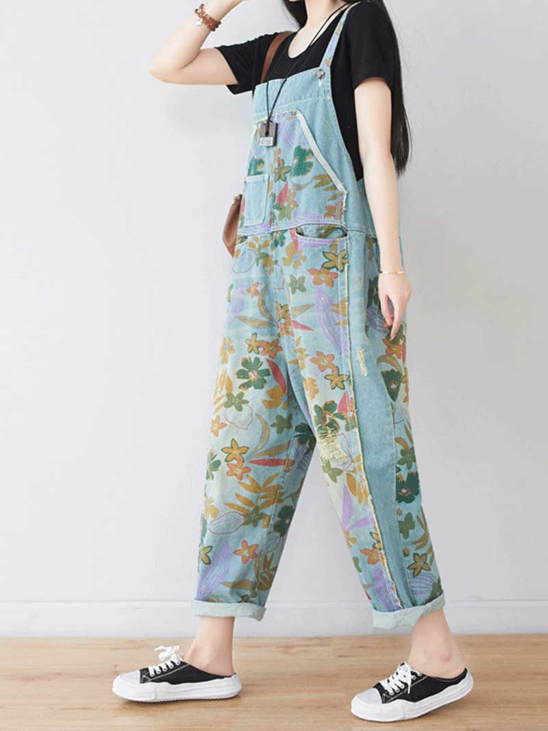 Dungarees, cotton, denim, ripped jeans, floral, vintage, retro style, overall, Wild