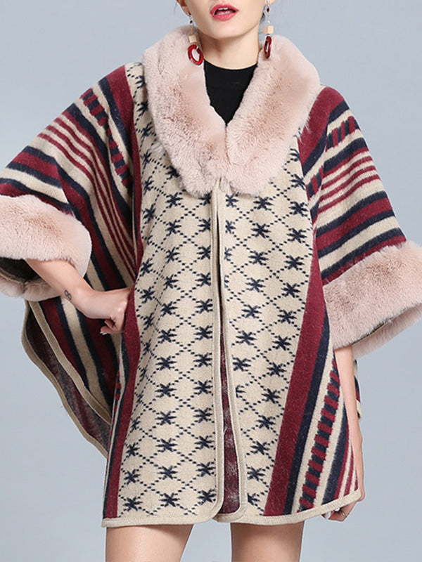 Stripe Bordeus pescoço fofo de plus size Cape Cardigan