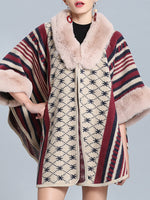 Stripe Bordeus pescoço fofo de plus size Cape Cardigan