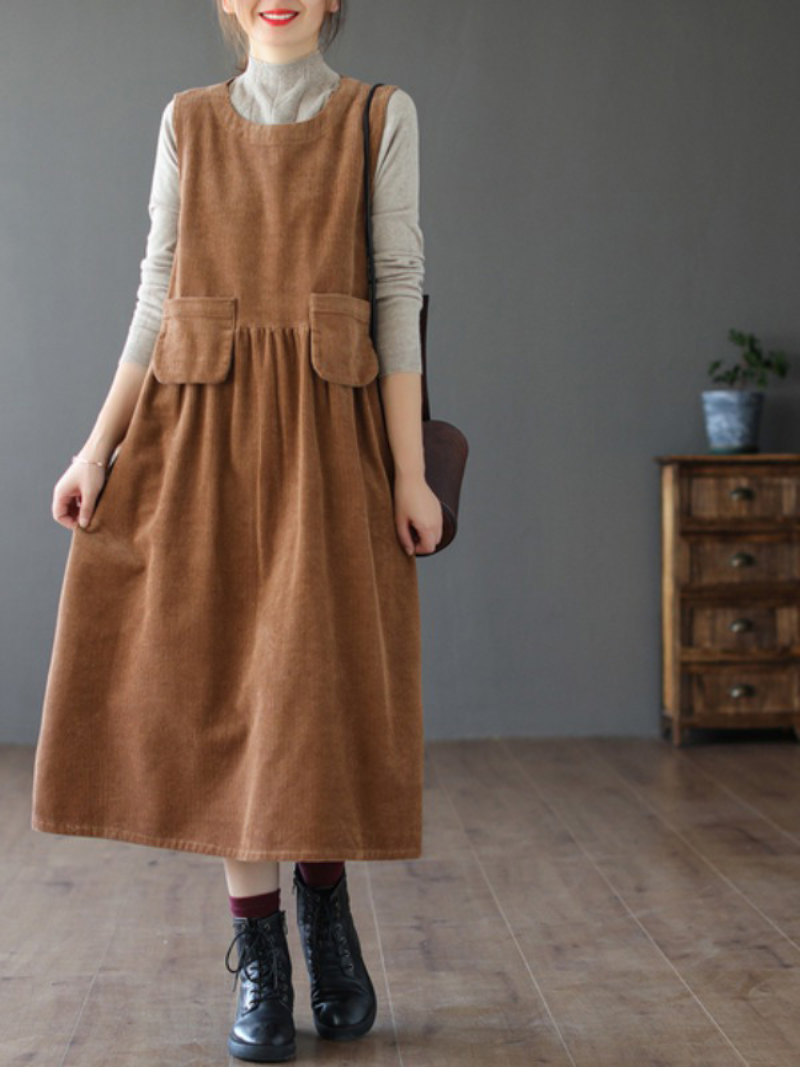  Women's Sleeveless  Coffee Corduroy Dress