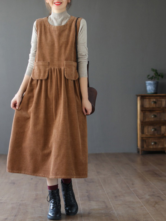  Women's Sleeveless  Coffee Corduroy Dress