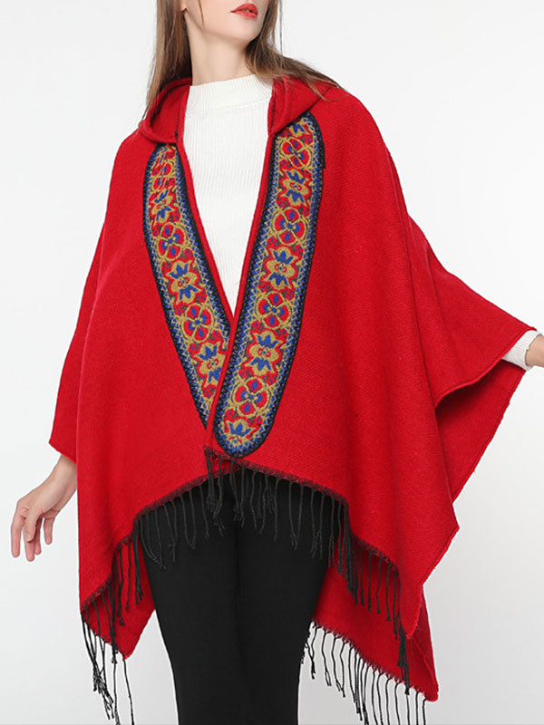 Cardigã de xale vermelho de emenda com encapuzado