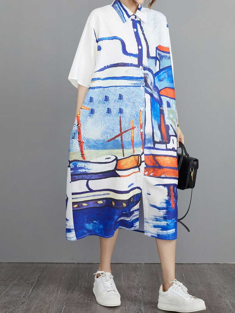  Abstract Art Print Cotton A-Line Shirt Dress