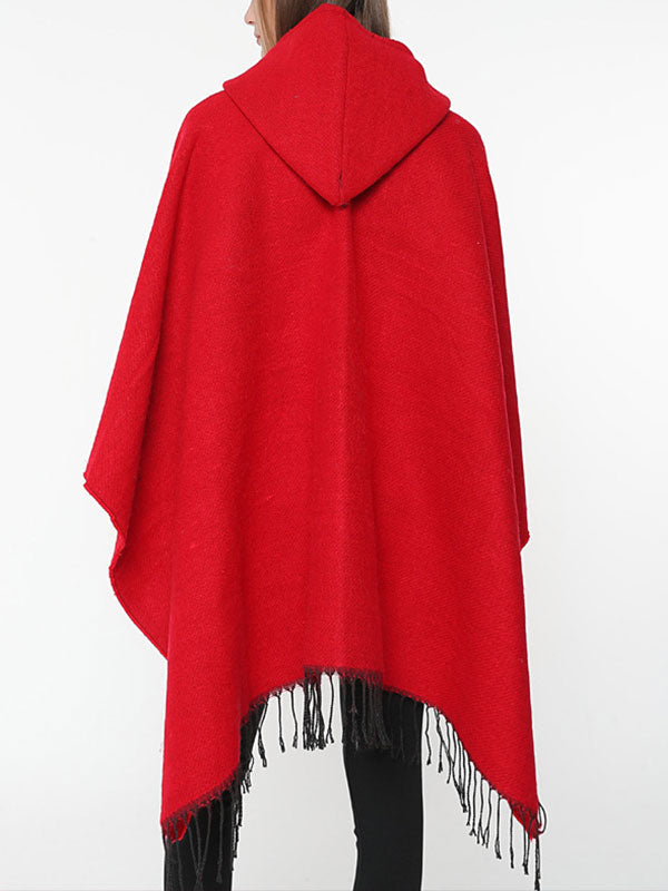 Cardigã de xale vermelho de emenda com encapuzado