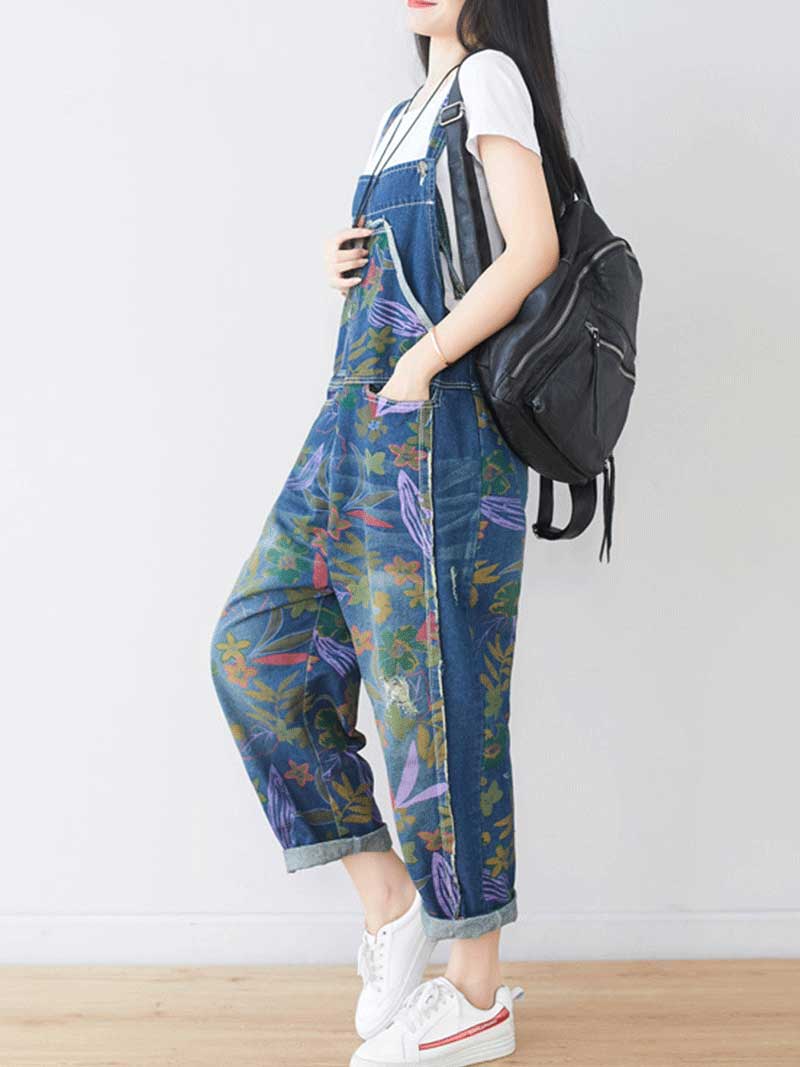 Dungarees, cotton, denim, ripped jeans, floral, vintage, retro style, overall, Wild
