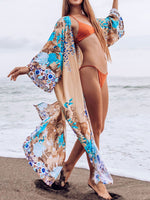 Evatrends cotton gown robe printed kimonos, Outerwear, Cotton, Nightwear, long kimono, long Sleeves, loose fitting, floral Print with Big bird on back, Belted