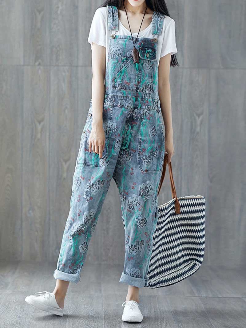 Dungarees cotton denim ripped jeans floral vintage retro style overall