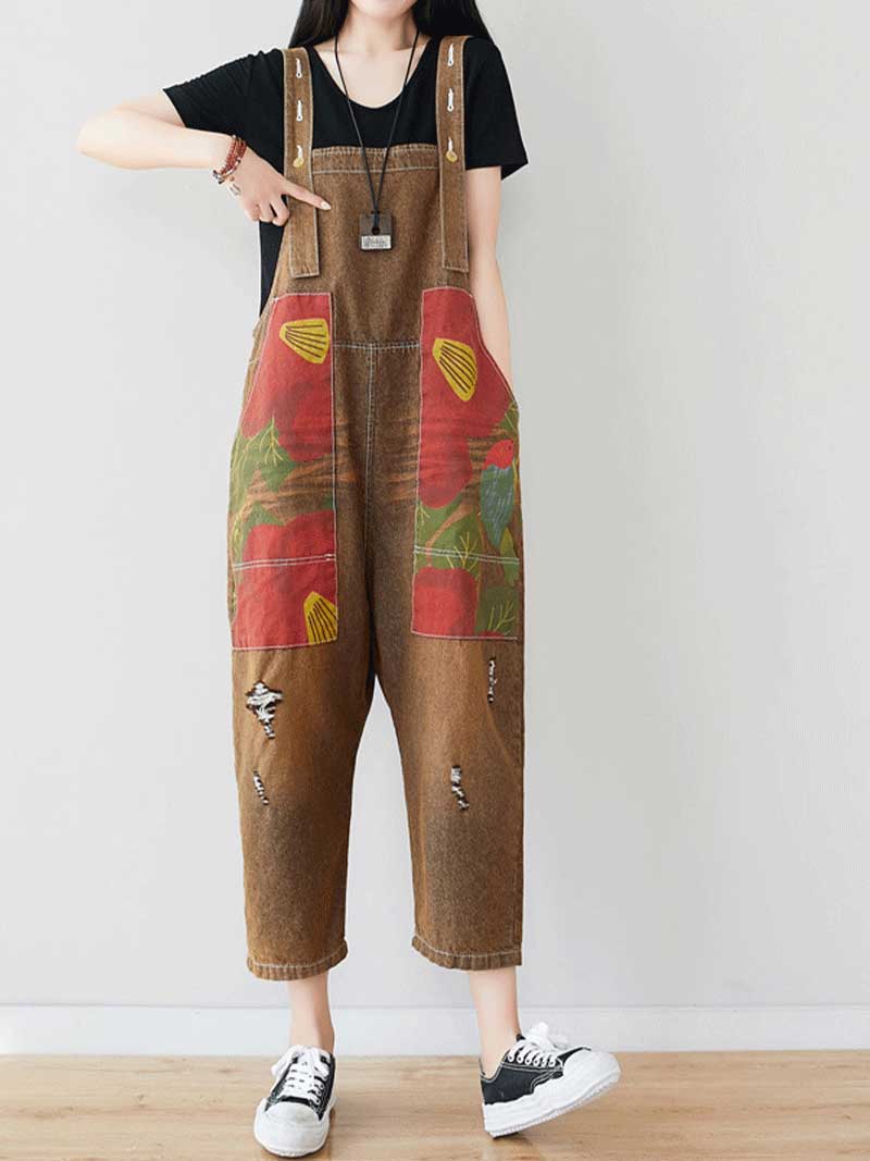 Dungarees cotton denim ripped jeans floral vintage retro style overall