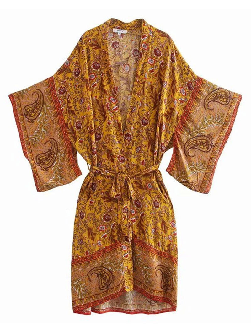 Evatrends cotton gown robe printed kimonos, Outerwear, cotton, Nightwear, long kimono, Board Sleeves, loose fitting, Floral Print with birds print, Belted