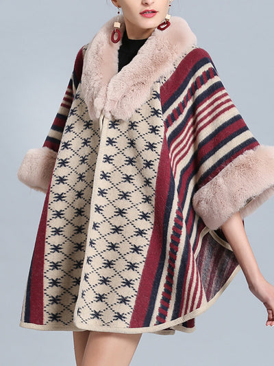 Stripe Bordeus Fluffy Neck Plus Size Cape Cardigan