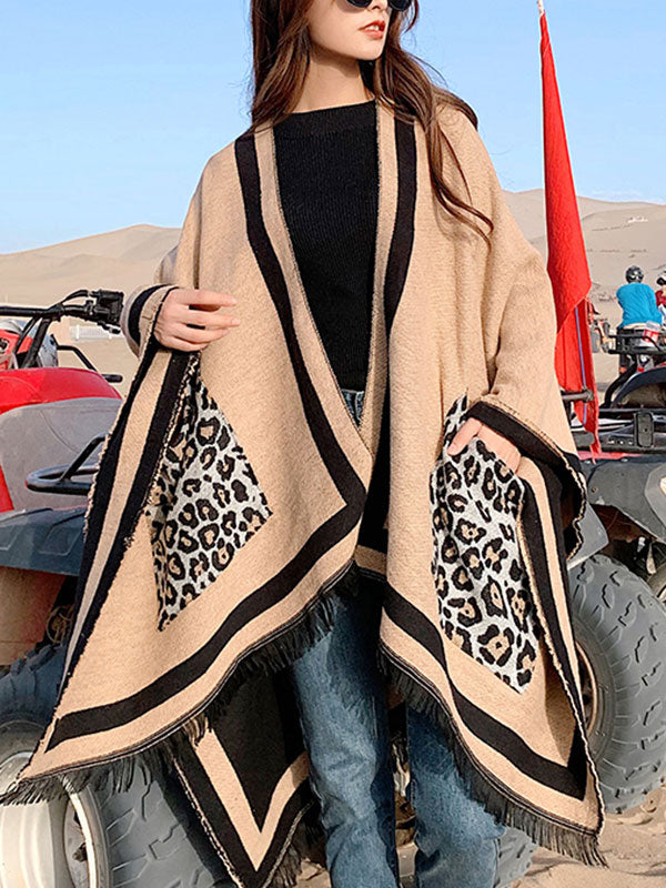 Cardigan de châle patchée de poche léopard
