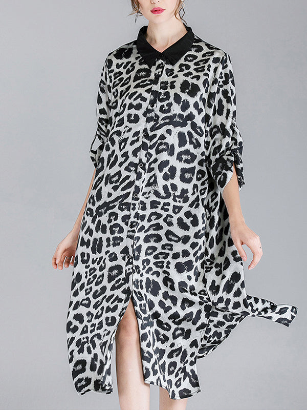 Ivy vintage contraste com lapela pescoço estampa de animal abotoado com cinto midi vestido