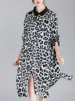 Ivy vintage contraste com lapela pescoço estampa de animal abotoado com cinto midi vestido