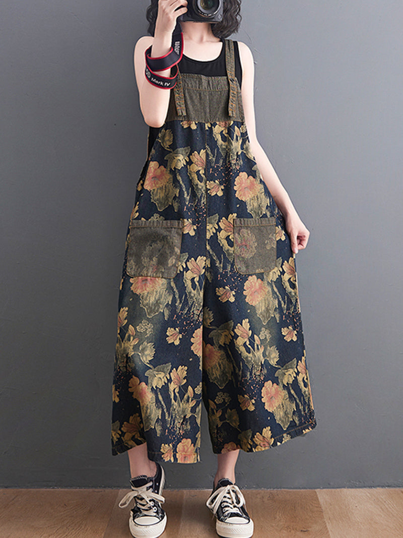 Women's Printed Denim Dungarees