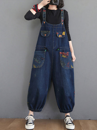 Dungarees cotton denim ripped jeans floral vintage retro style overall