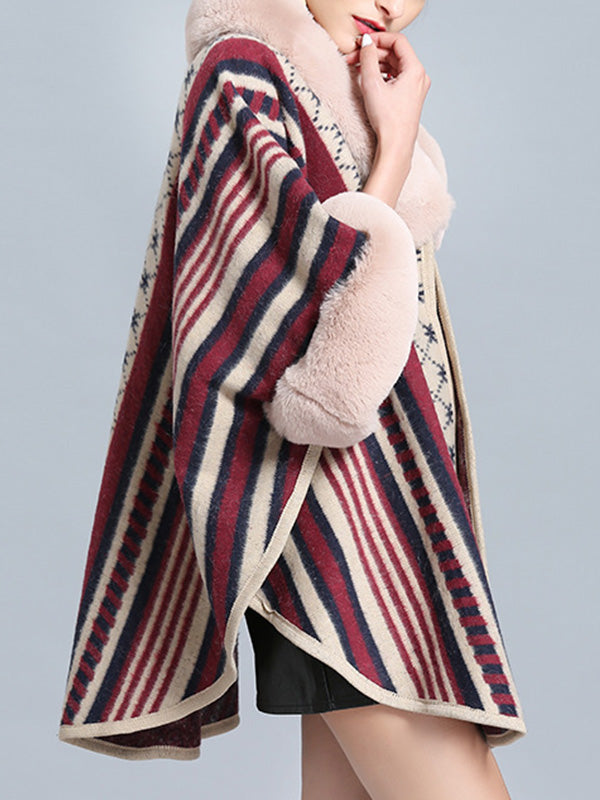Stripe Bordeus pescoço fofo de plus size Cape Cardigan