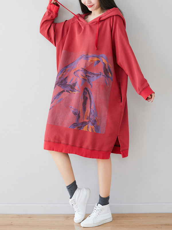 Vestido de moletom com capuz floral solto