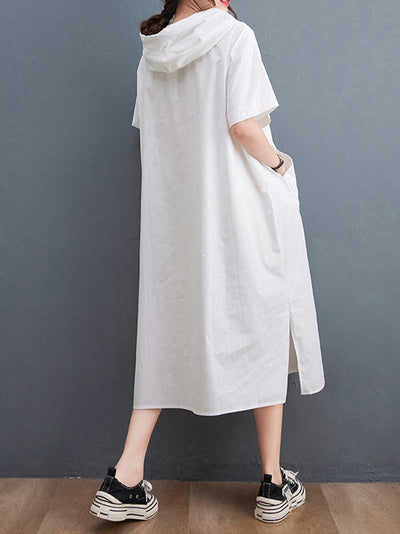 Hooded Plain Double Side Pocket Mid Dress