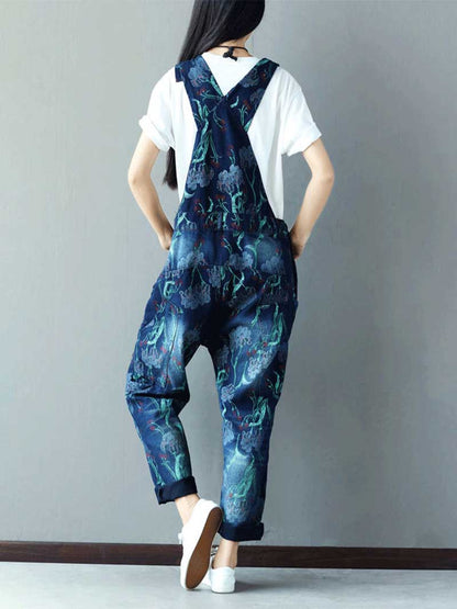 Dungarees cotton denim ripped jeans floral vintage retro style overall