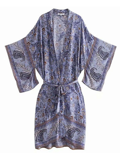 Evatrends cotton gown robe printed kimonos, Outerwear, cotton, Nightwear, long kimono, Board Sleeves, loose fitting, Floral Print with birds print, Belted