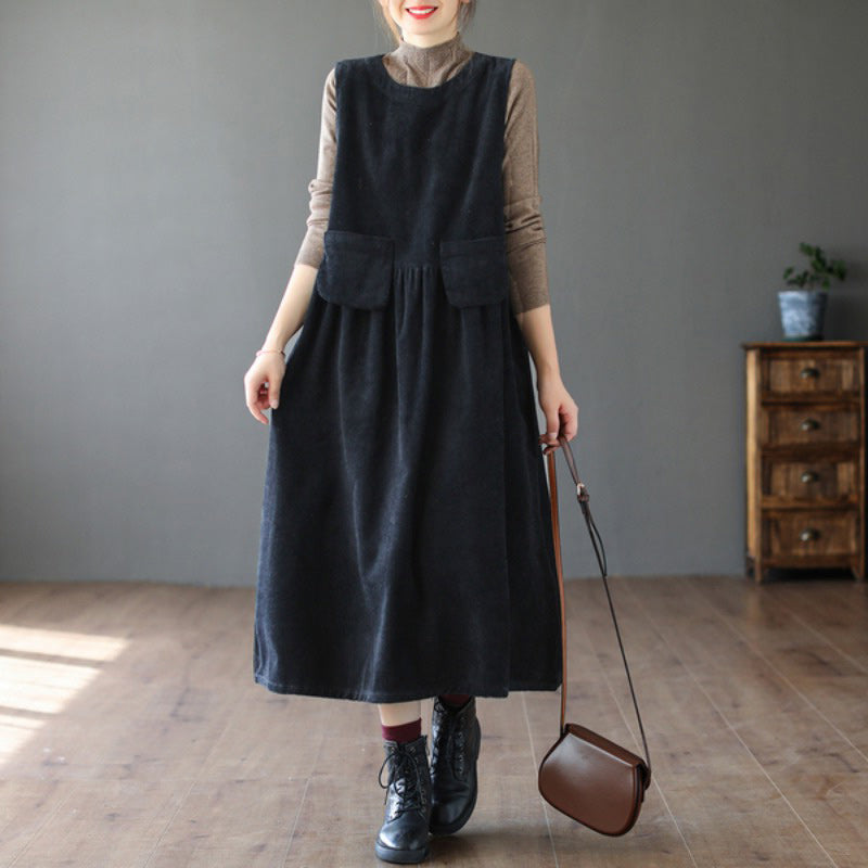  Women's Sleeveless  Black Corduroy Dress