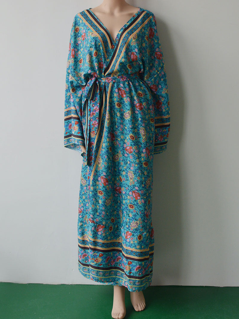 Evatrends cotton gown robe printed kimonos, Outerwear, Cotton, Viscose, Nightwear, Bordered trim, sleeves & bottom, long kimono, Kimono Broad sleeves with armpit opening, loose fitting, Bohemian Chic Floral Print with Contrasting Border