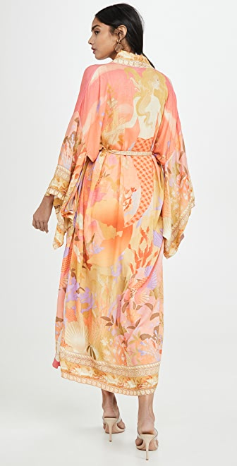 Floral Partywear Cotton Silk Kimono Orange Color Coton Longueur Robe Kimono