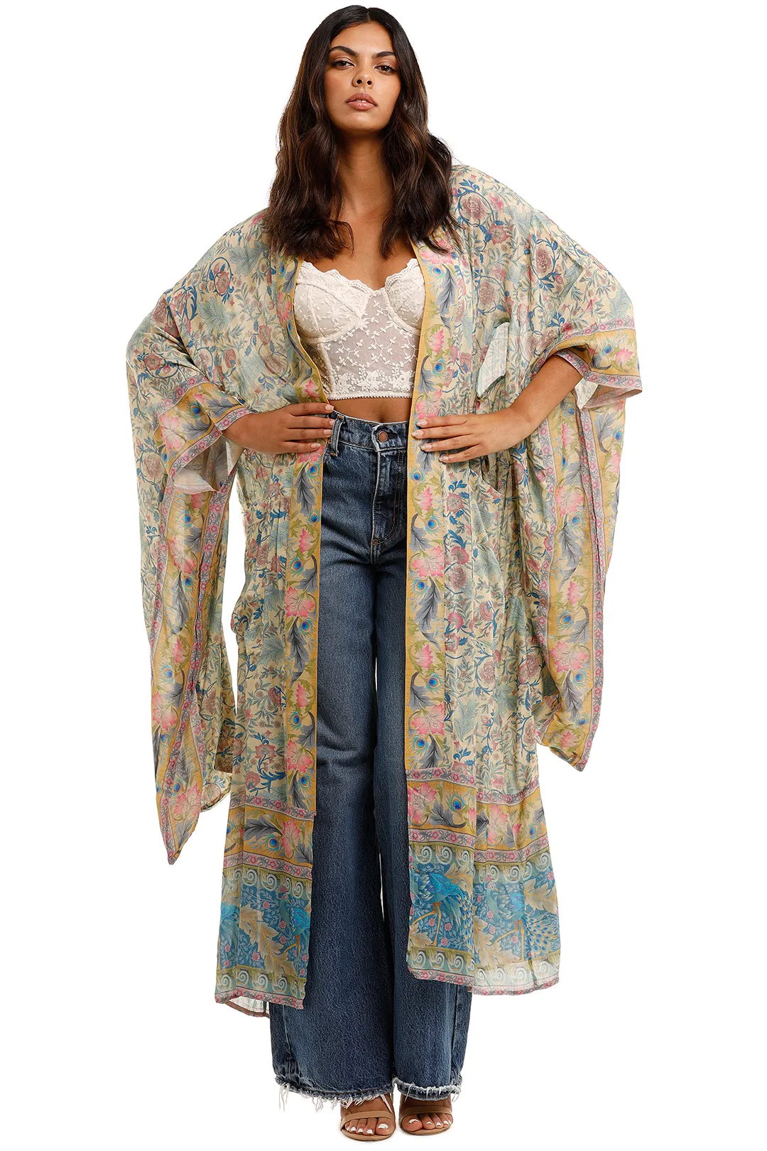 Long Kimono Floral Imprimé vert Viscose Viscose de coton Viscose longue longueur Kimono Duster Robe