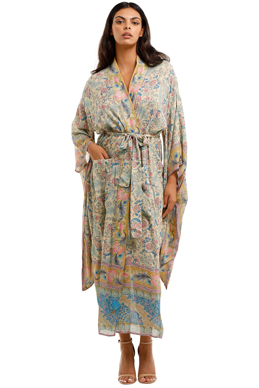 Long Kimono Floral Imprimé vert Viscose Viscose de coton Viscose longue longueur Kimono Duster Robe