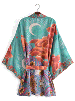 Evatrends cotton gown robe printed kimonos, Outerwear, Cotton, Nightwear, short kimono, Reglan sleeves, long Sleeves, loose fitting, floral print, Plant flower, Belted